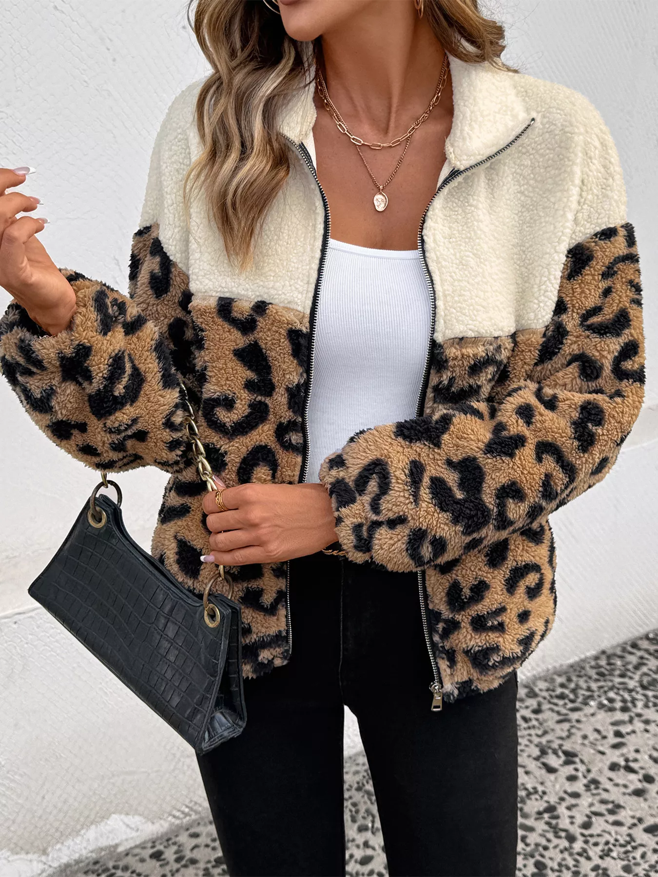 Long-Lasting Leopard Zip Up Fleece Jacket Solid