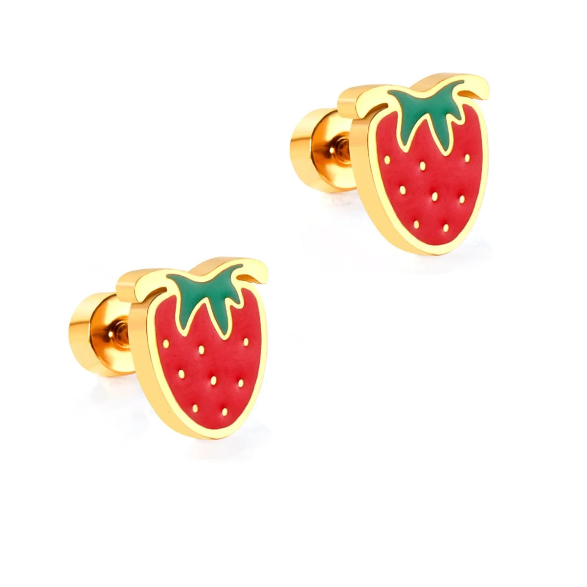 Versatile Red Green Enamel Goldtone Trawberry Stud Earrings Smart