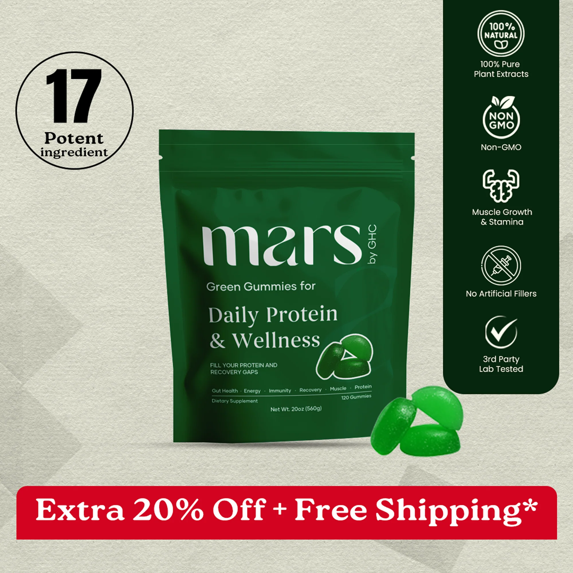 Clean Mars Daily Pro Green Gummies - Low Sugar Pack of One Person Fashionable