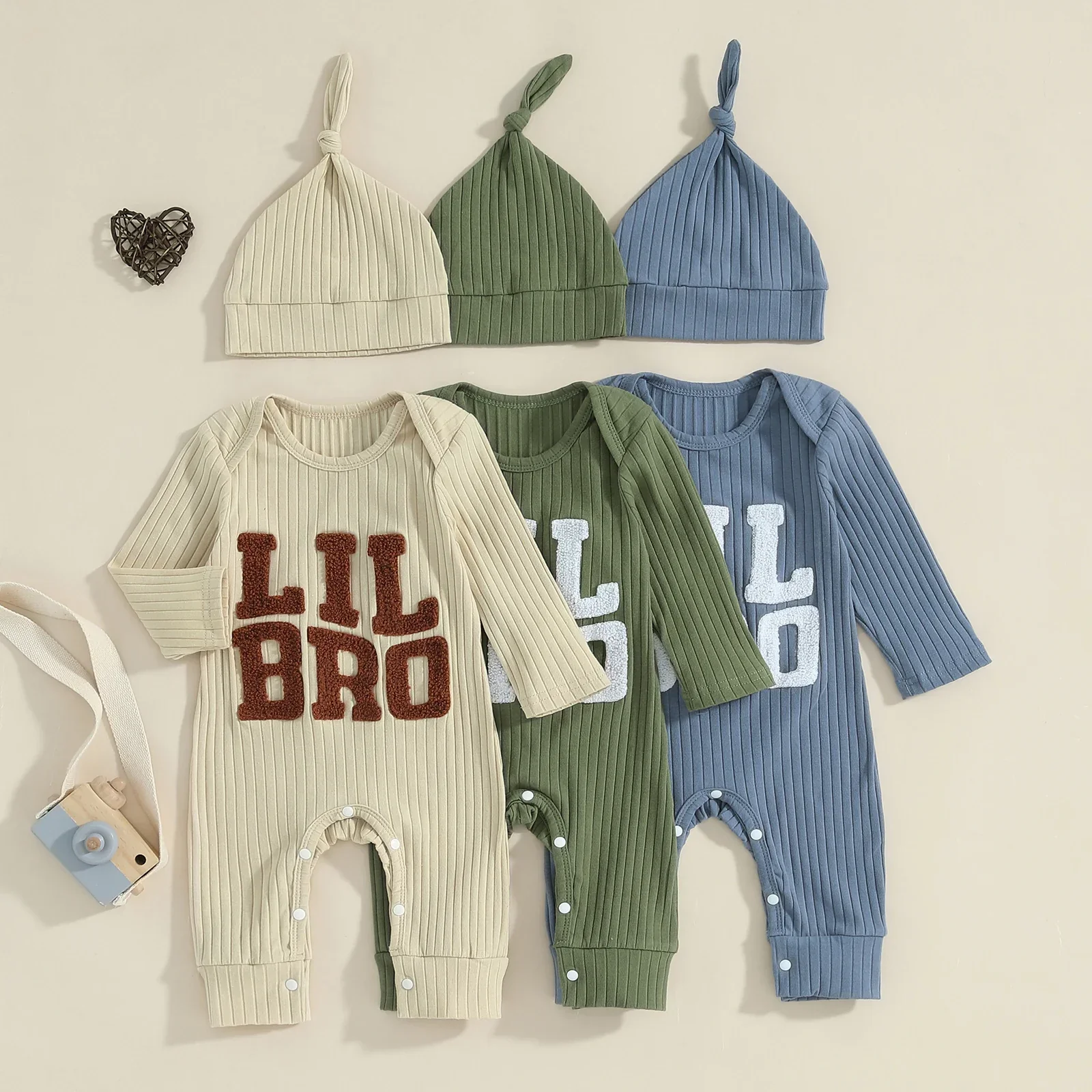 Healthy Baby Boy 2Pcs Lil Bro Jumpsuit and Hat Set Long Sleeve Round Neck Letter Print Ribbed Romper with Beanie OutfitSPECIFICATIONS Lightweight