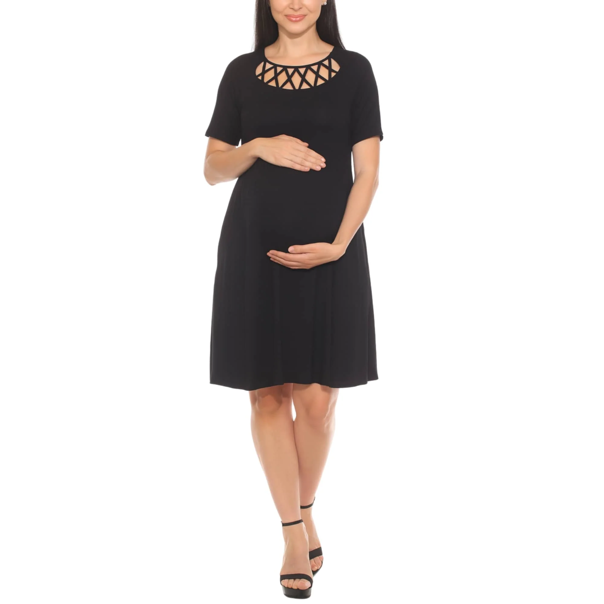 Solid White Mark Women's Crisscross Neckline Maternity Dress with Pockets Enhanced