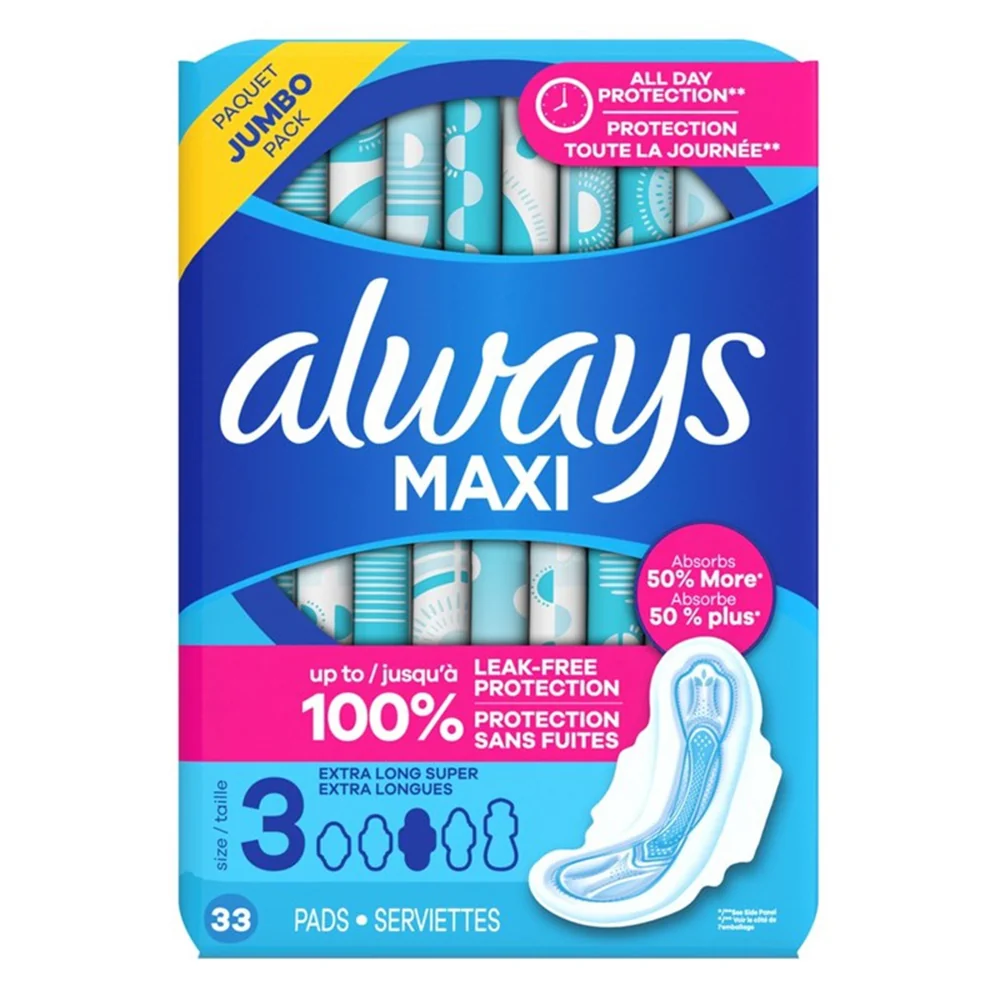 Genuine Maxi Extra Long Super Size 3 with Flexi Wings Pads All Day Protection 33Ea Pure