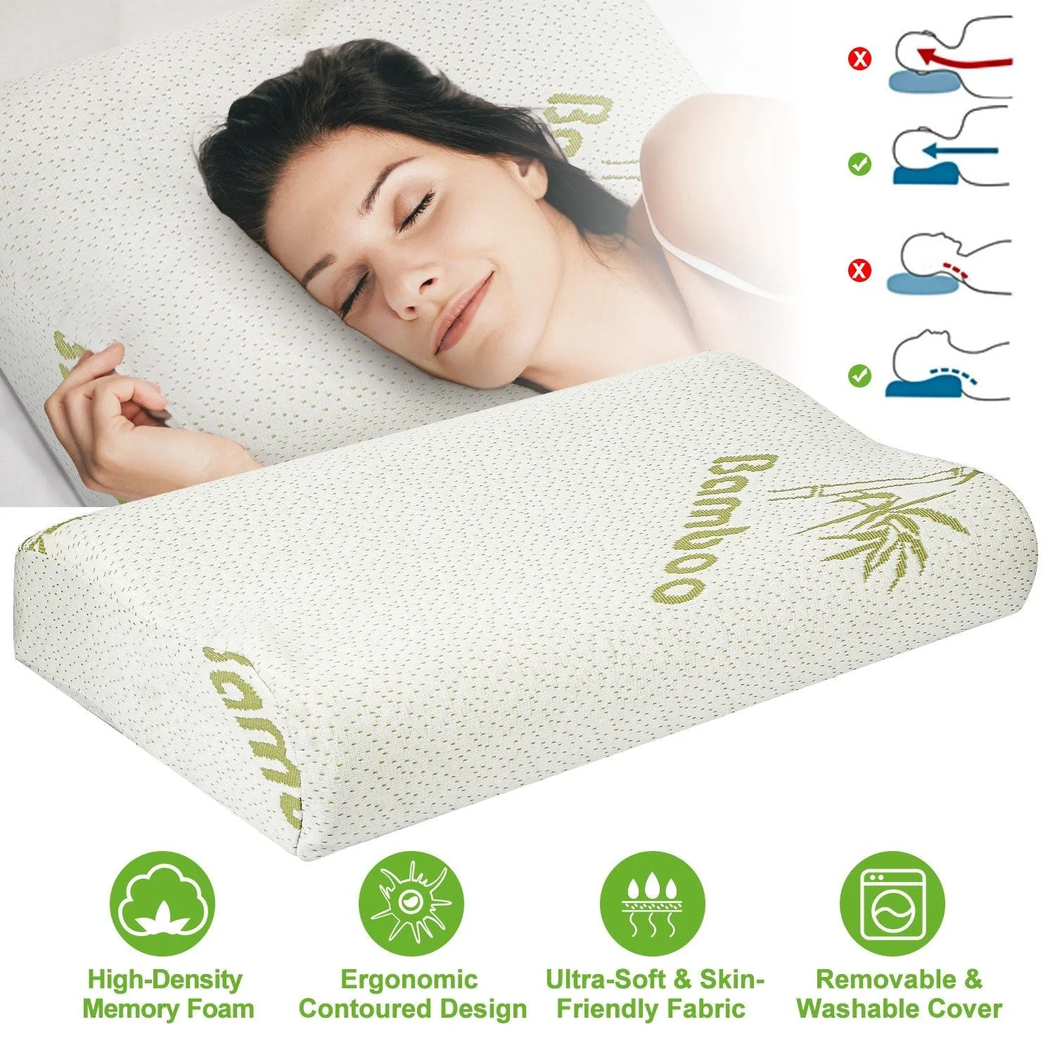 Secure Bamboo Memory Foam Sleep Pillow Contoured Cervical Orthopedic Pillow Neck Support Breath Pillow Fast