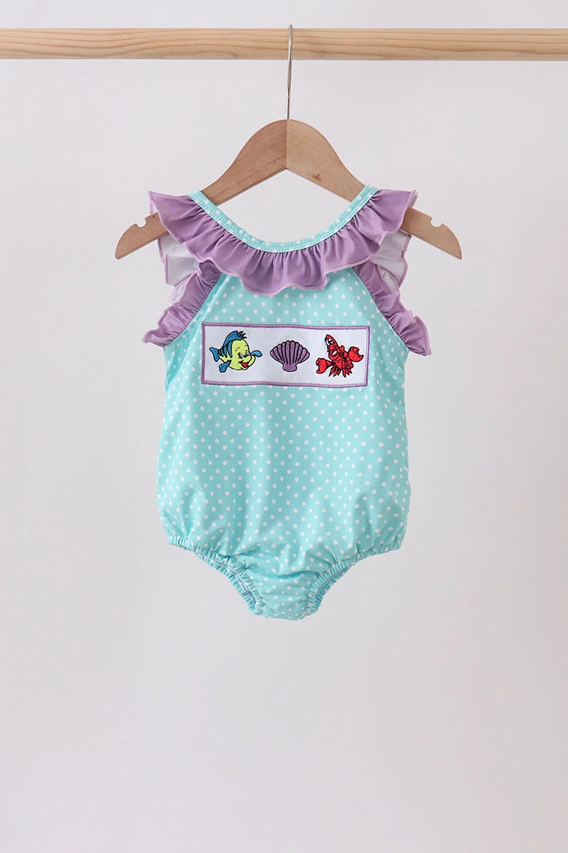 Innovative Blue under the sea Embroidered UPF Swim One-Piece Flexible
