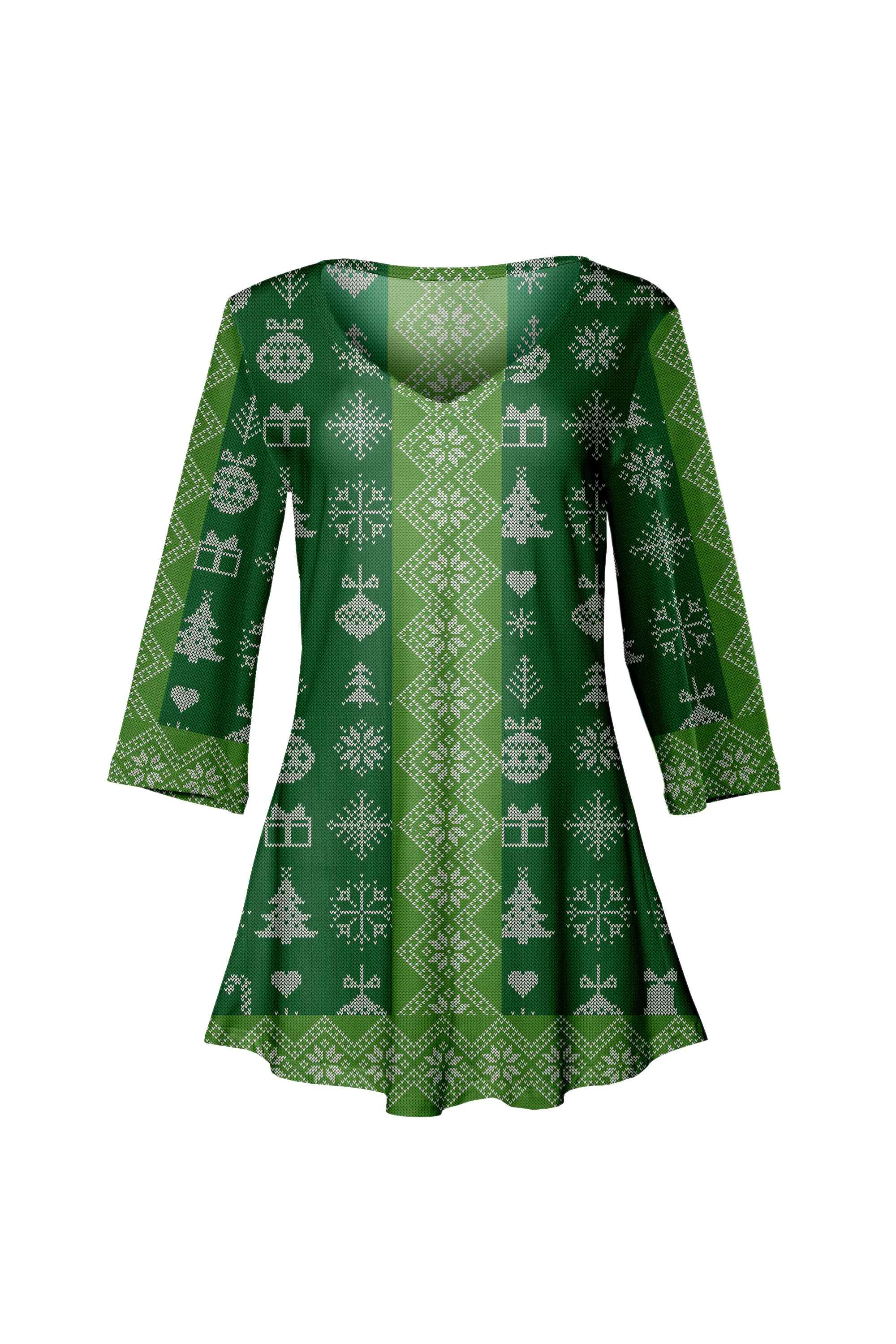 Original Lily by Firmiana Women's ¾ Sleeve V-Neck Tunic Green Fair Isle Holiday Sweater Print Recyclable