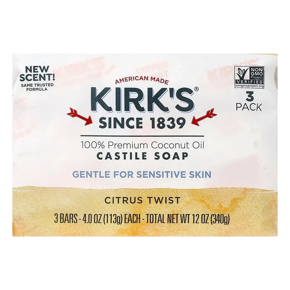 Sustainable Kirks 100 percent Premium Coconut Oil Castile Bar Soaps Citrus Twist Scent 4Oz 113g 3Ea Effective
