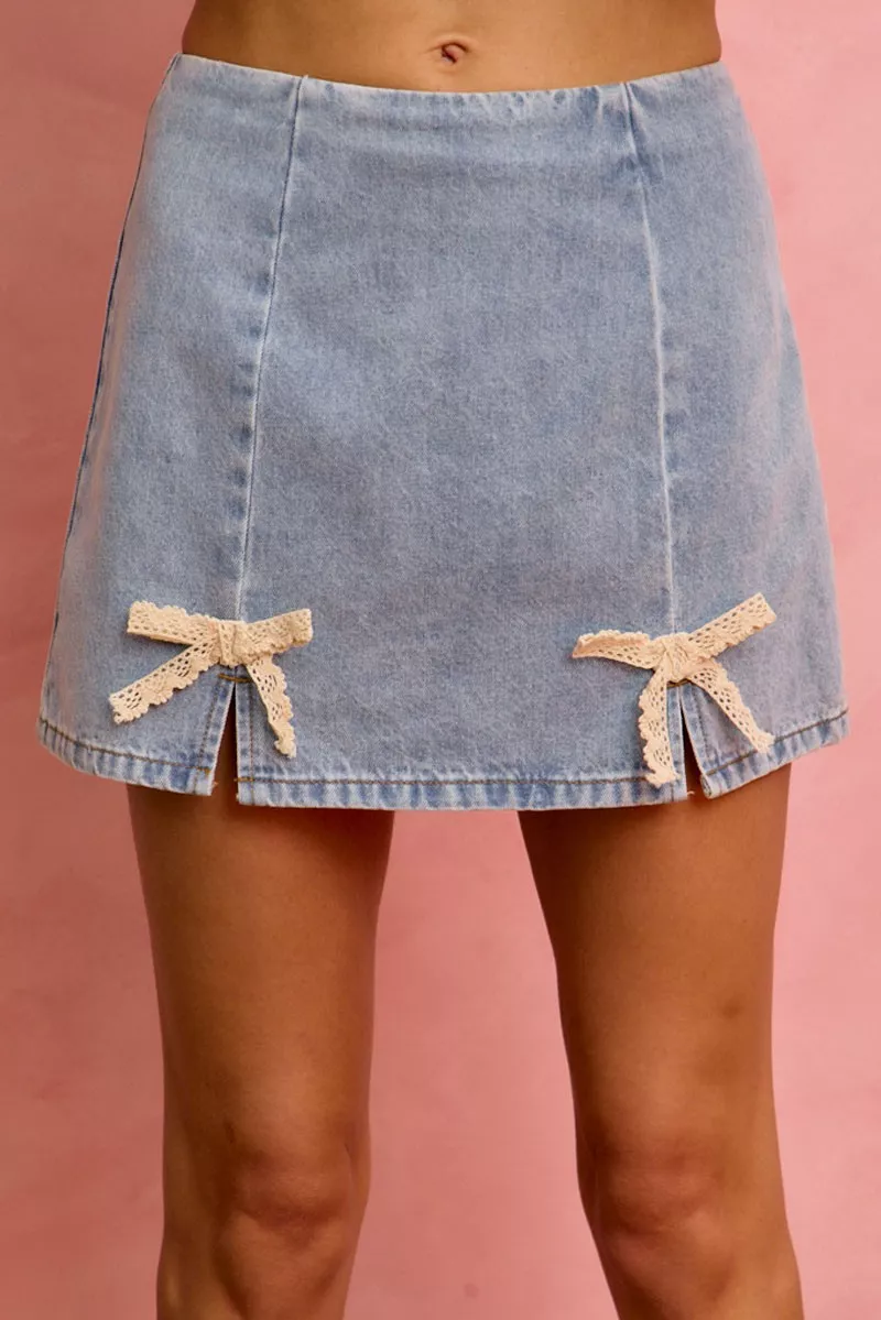 Unique SO ME Lace Ribbon Trim Denim Mini Skirt Responsible