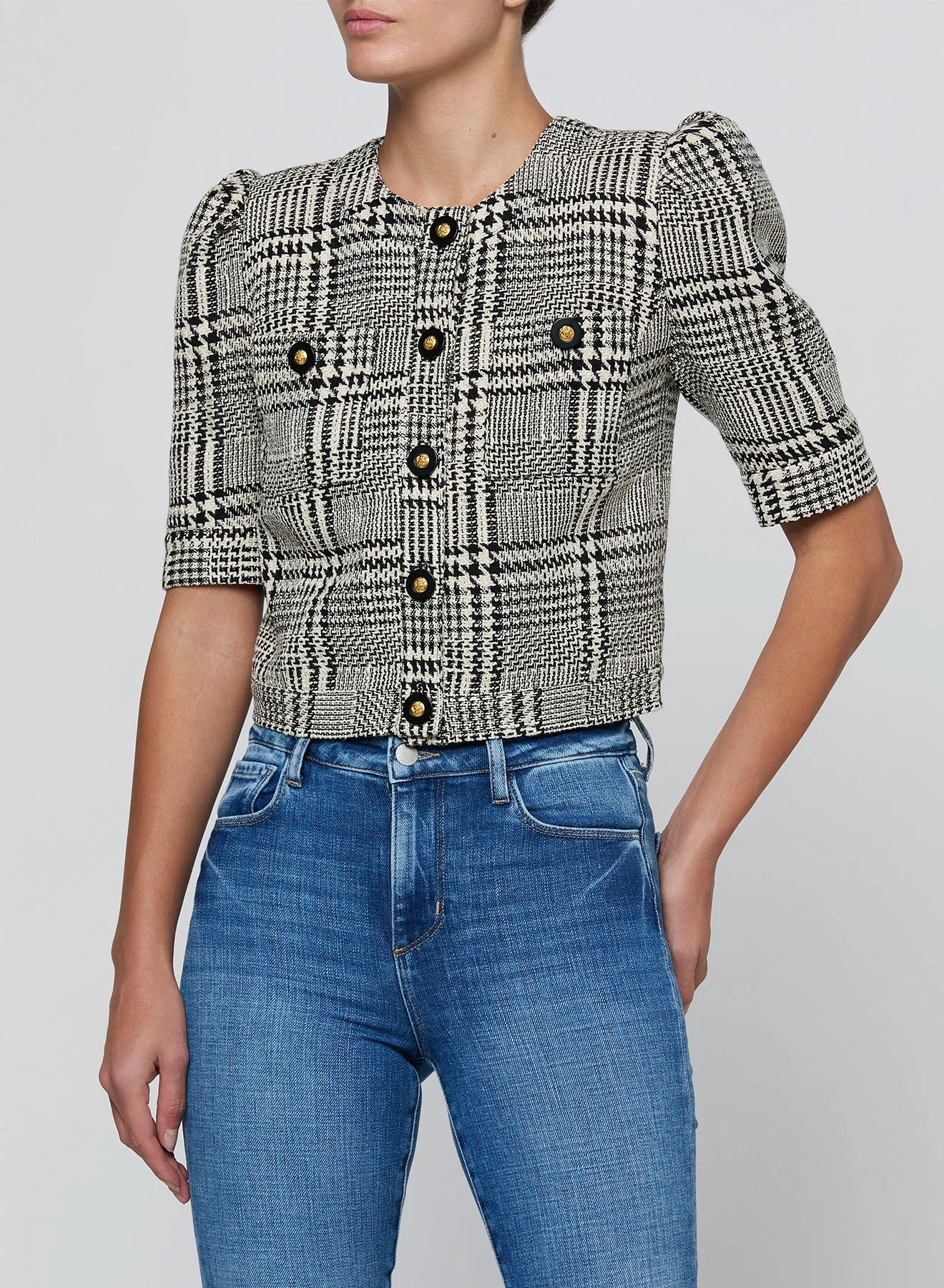 Convenient L'AGENCE Allegra Short Slv Crpd Jacket in Blk Wht Glen Plaid Comfortable