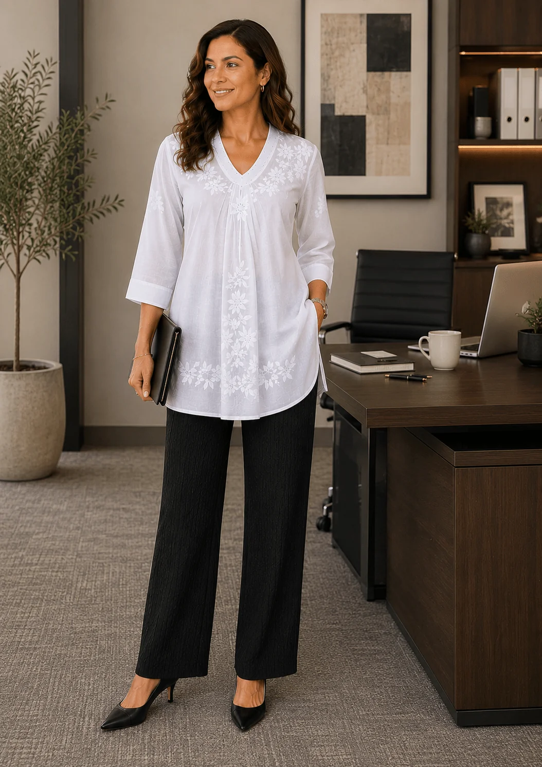 Fine La Chic Women's Embroidered Cotton Oval Neckline Top Durable