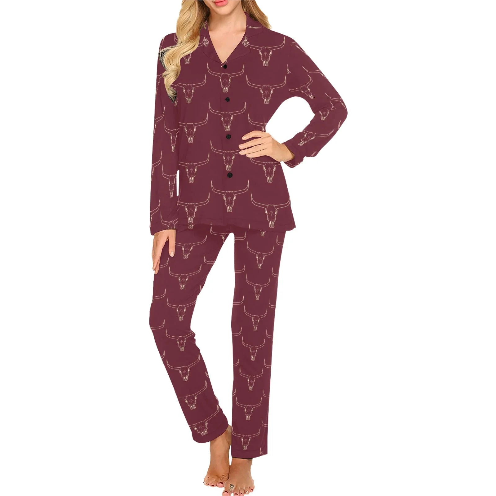 Reliable Burgandy Longhorn Women's Western Pajama Set Organic