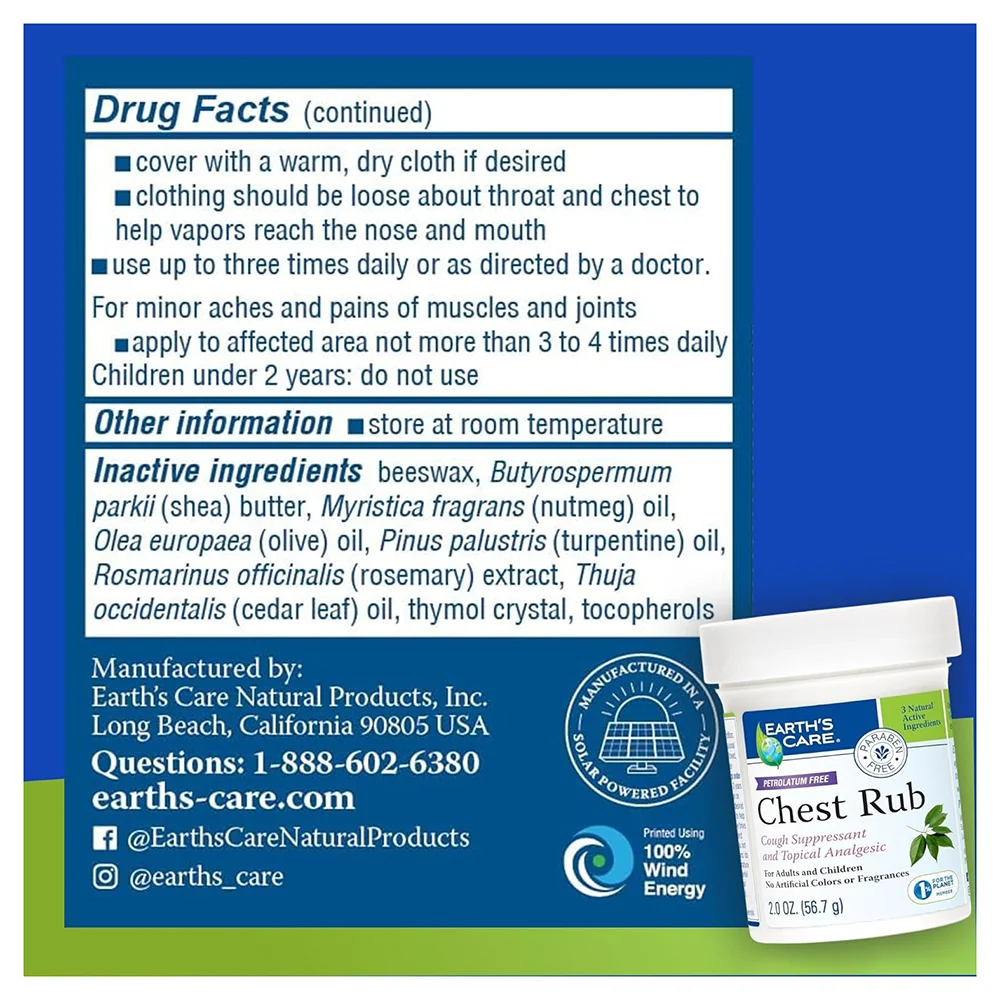 Unique Earths Care Soothing Chest Rub Vapor Relief Balm Cough Suppressant and Topical Analgesic 2.0Oz 56.7g Natural