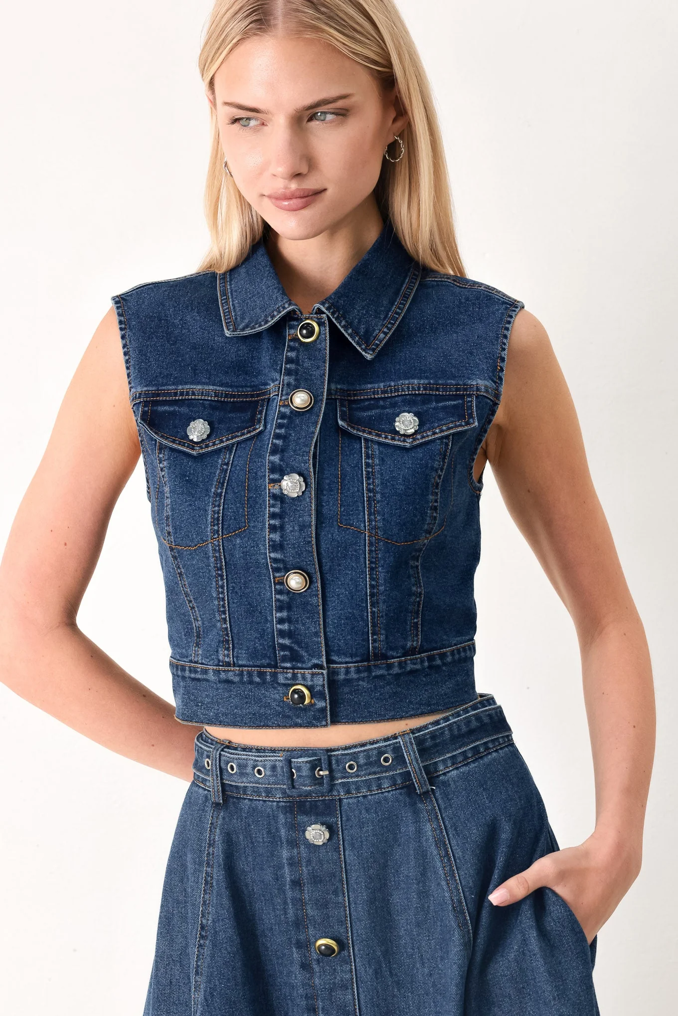 Responsible Sweet Talker Denim Crop Vest Detailed