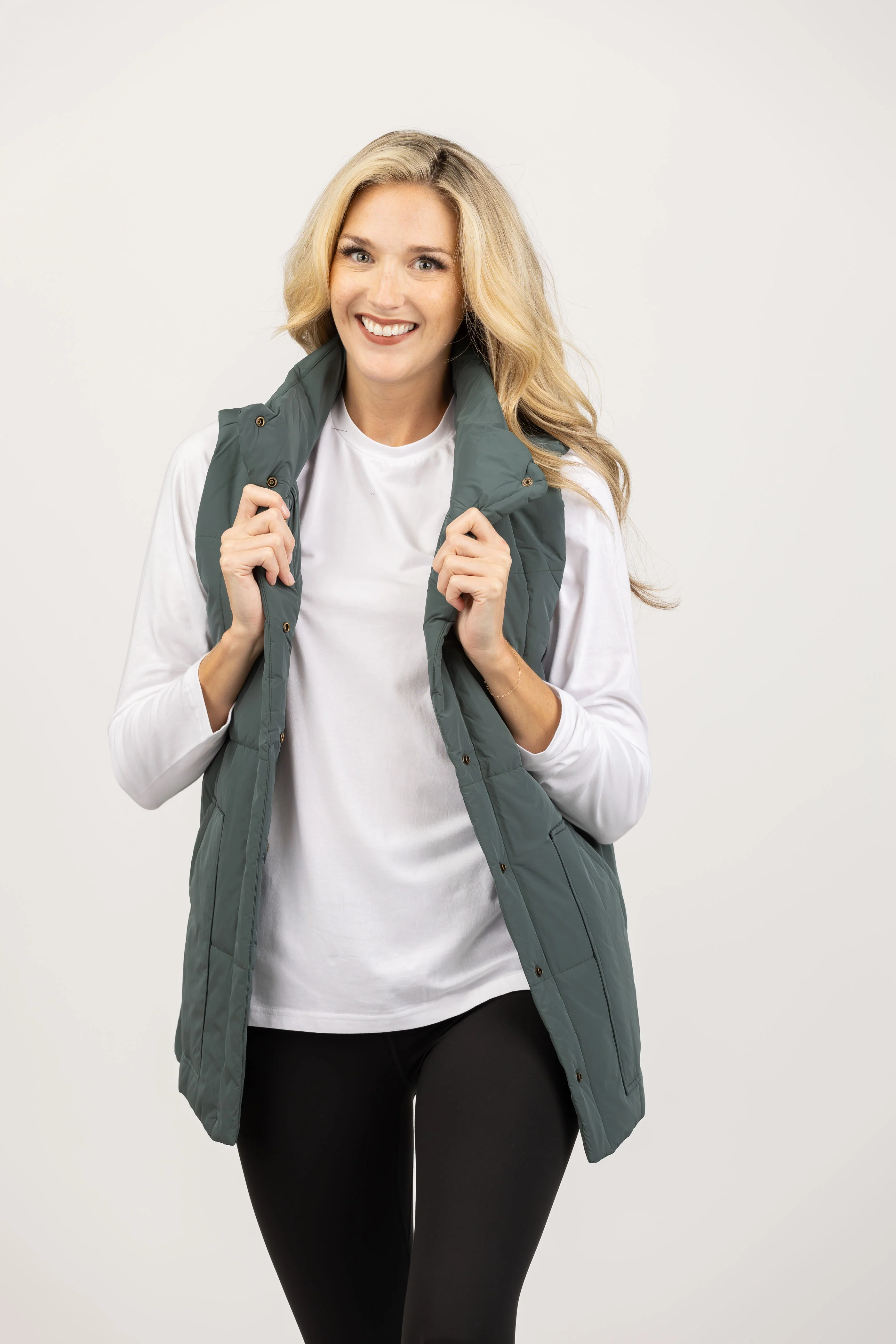 Detailed Lilla P. Nylon Long Vest in Mineral Powerful