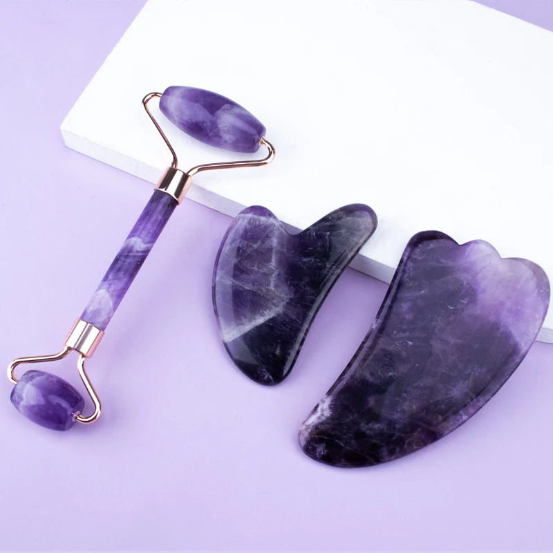 Detailed Amethyst Roller and Heart Shaped Gua Sha Set Facial Massage Skincare Tool High-Quality