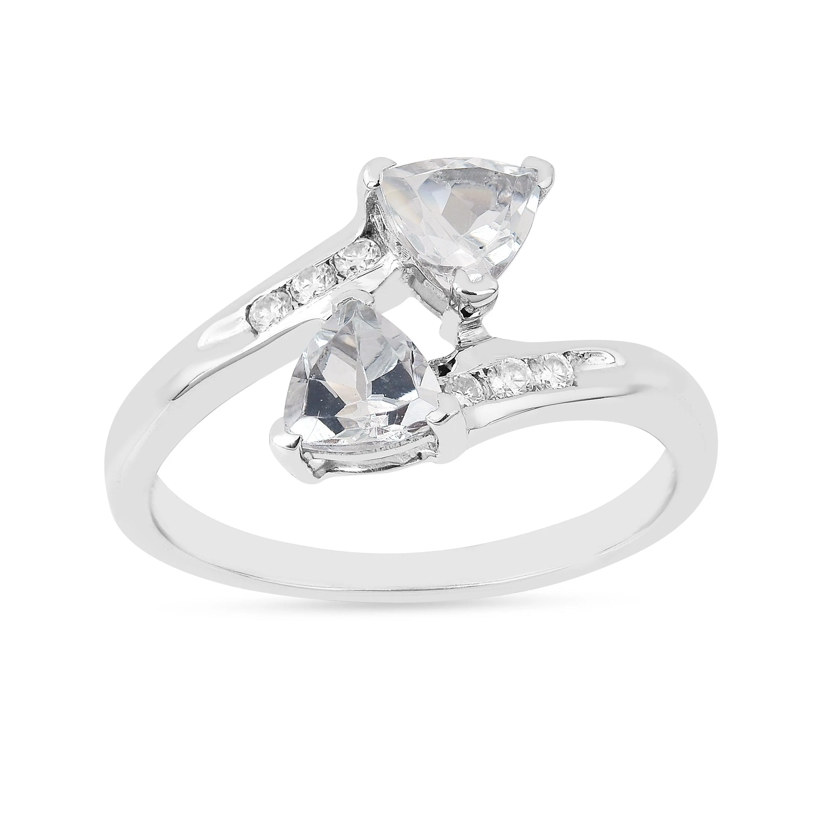 Fast 1.10 Ct Trillon Cut Light Blue Aquamarine V-Prong Rhodium Over Silver Dual Stone Bypass Ring Quality