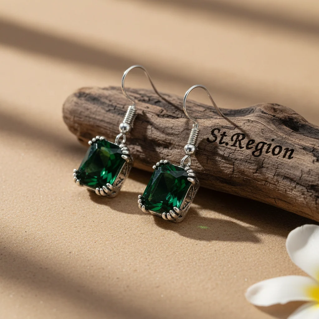 Verified Green Crystal Silvertone Princess-Cut Drop Earrings Clean