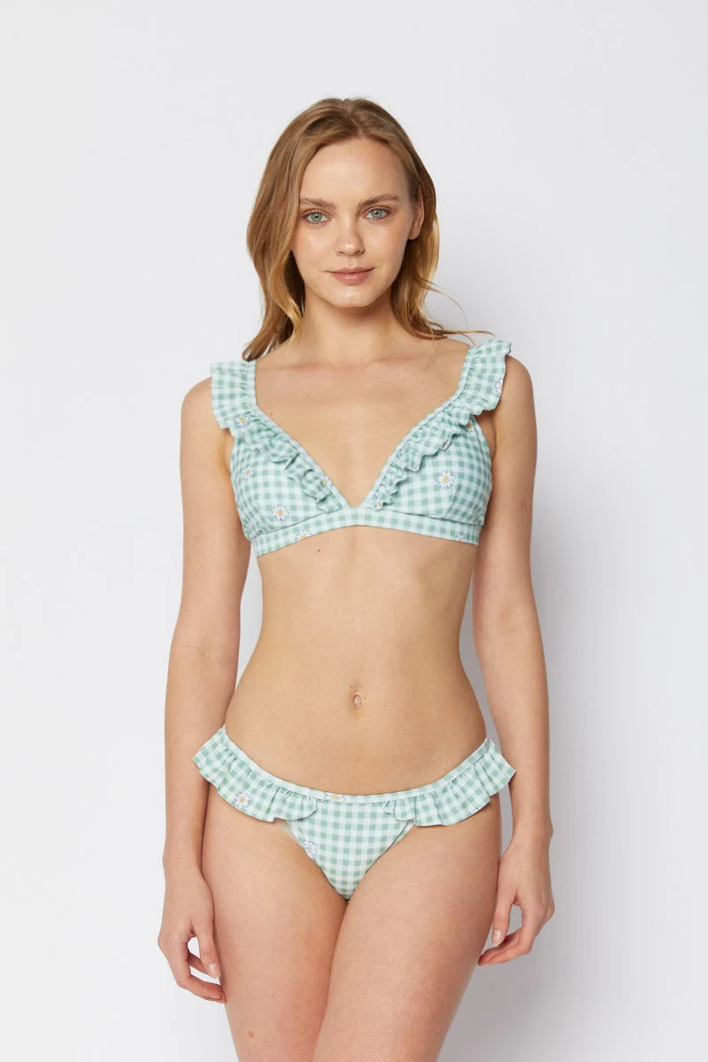 Relaxed Marina West Stationary Ruffle Triangle Bikini Set B2803 - Gingham Daisy Lime Soft
