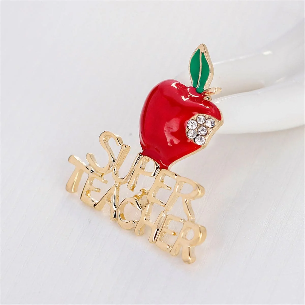 Authentic Cubic Zirconia Enamel Goldtone 'Super Teacher' Apple Brooch High-Performance
