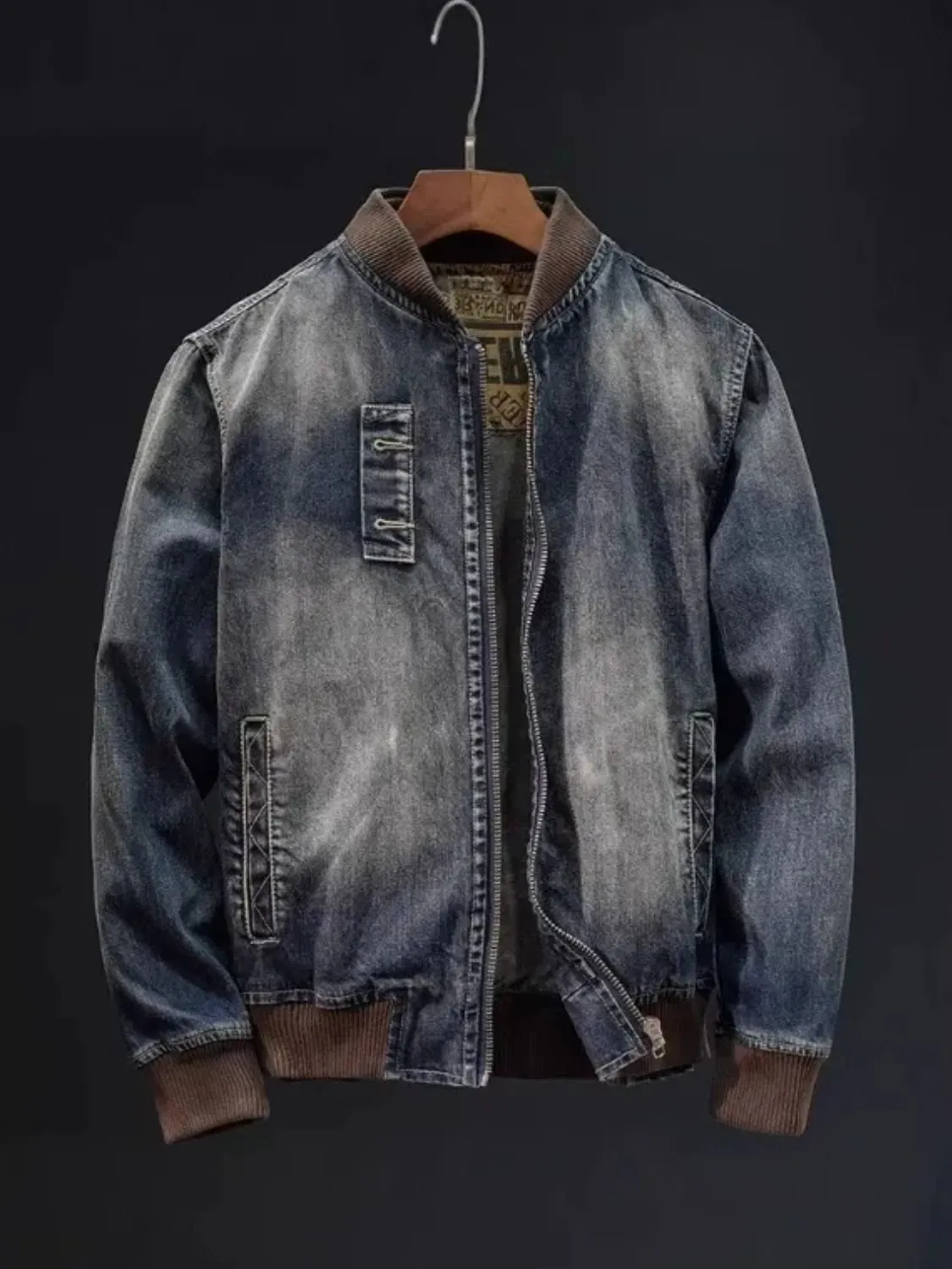 Lightweight Men's Plus Size Button Up Washed Denim Bomber Jacket Secure