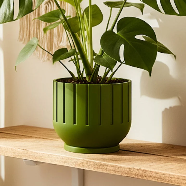 Casual Modern Indoor Planter with Drainage – 3D Printed Fluted Plant Pot Vertical Ribbed Design Minimalist Decor Accent Mid-Bubble Powerful