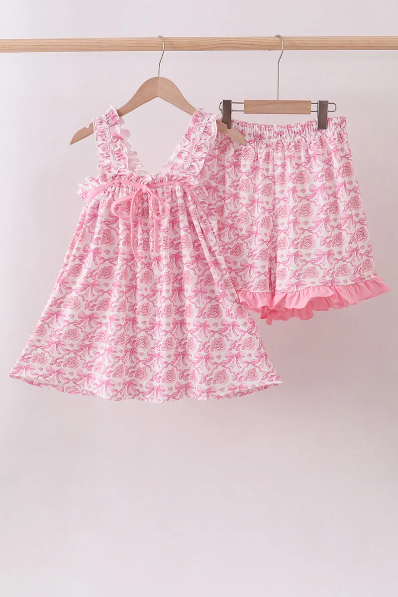 Top-Quality Pink floral print bow ruffle shorts set Genuine