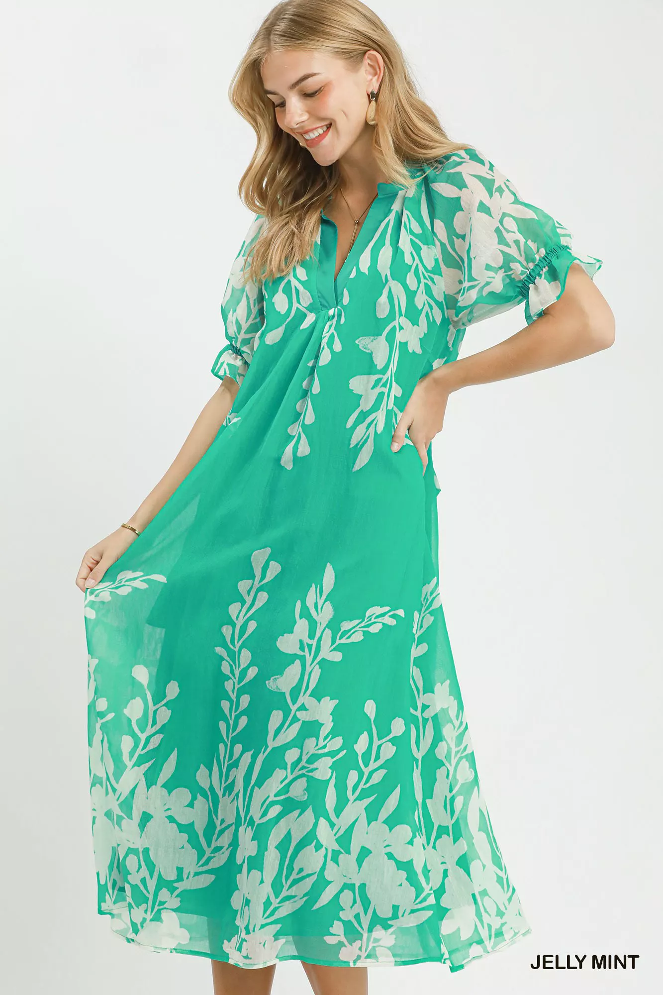 Stylish Umgee Floral Print Tie Waist Midi Dress with Side Pockets in Jelly Mint Prestigious