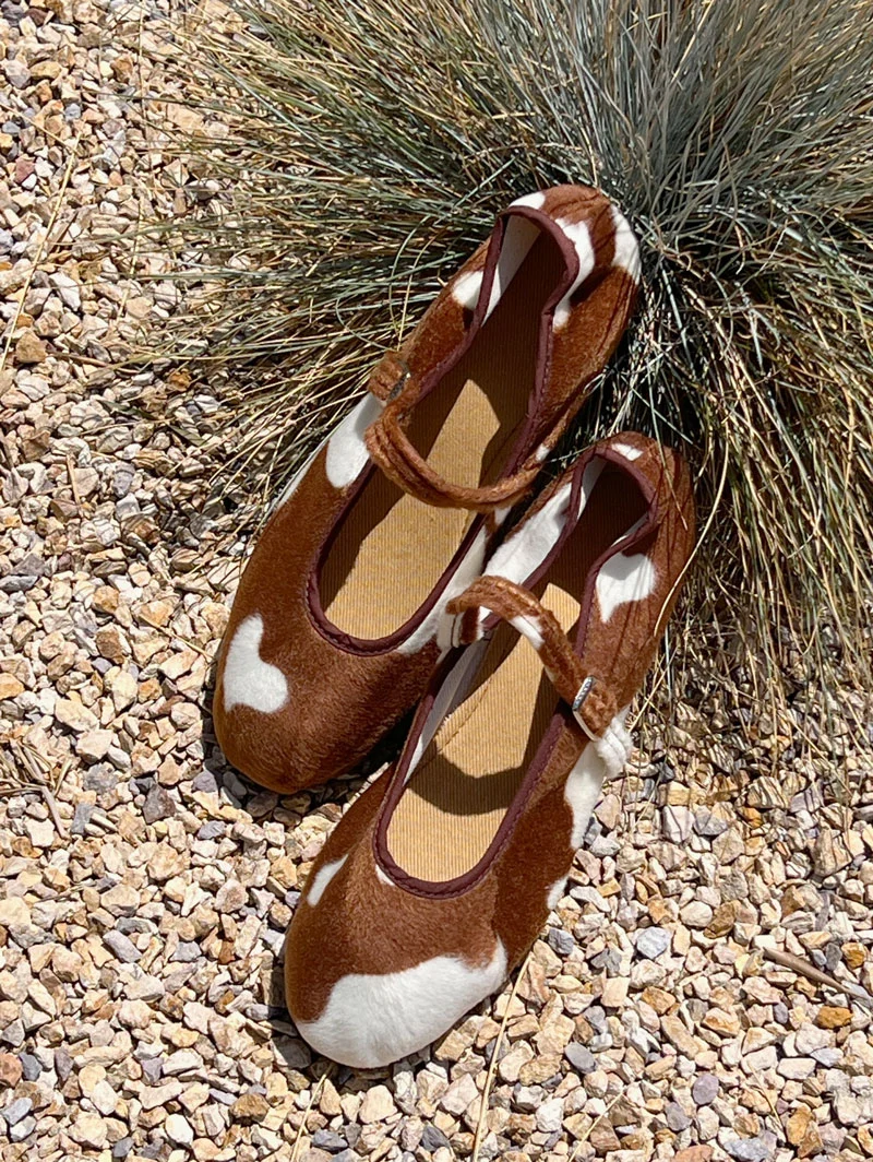 Elite mary jane flats - faux brown and white cowhide Minimalist