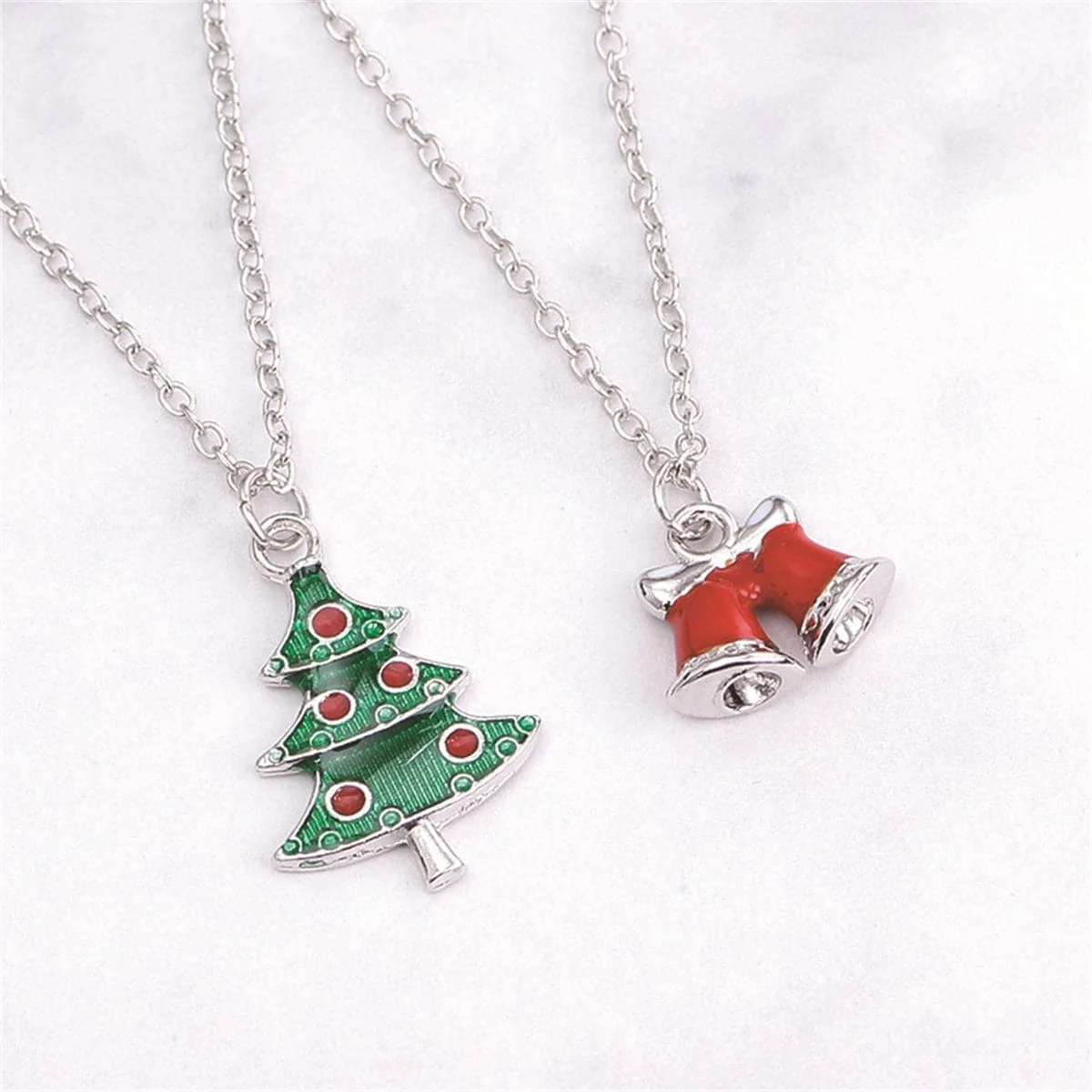 Detailed Green Silvertone Christmas Tree Bells Pendant Necklace Set Powerful