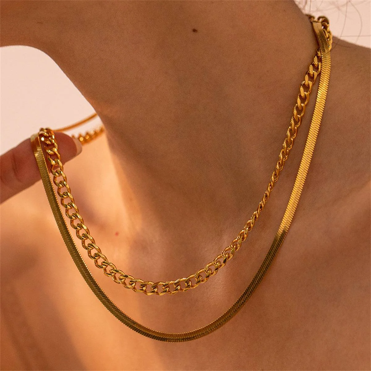 Artisan Goldtone Curb Snake Chain Layered Necklace Top-Quality