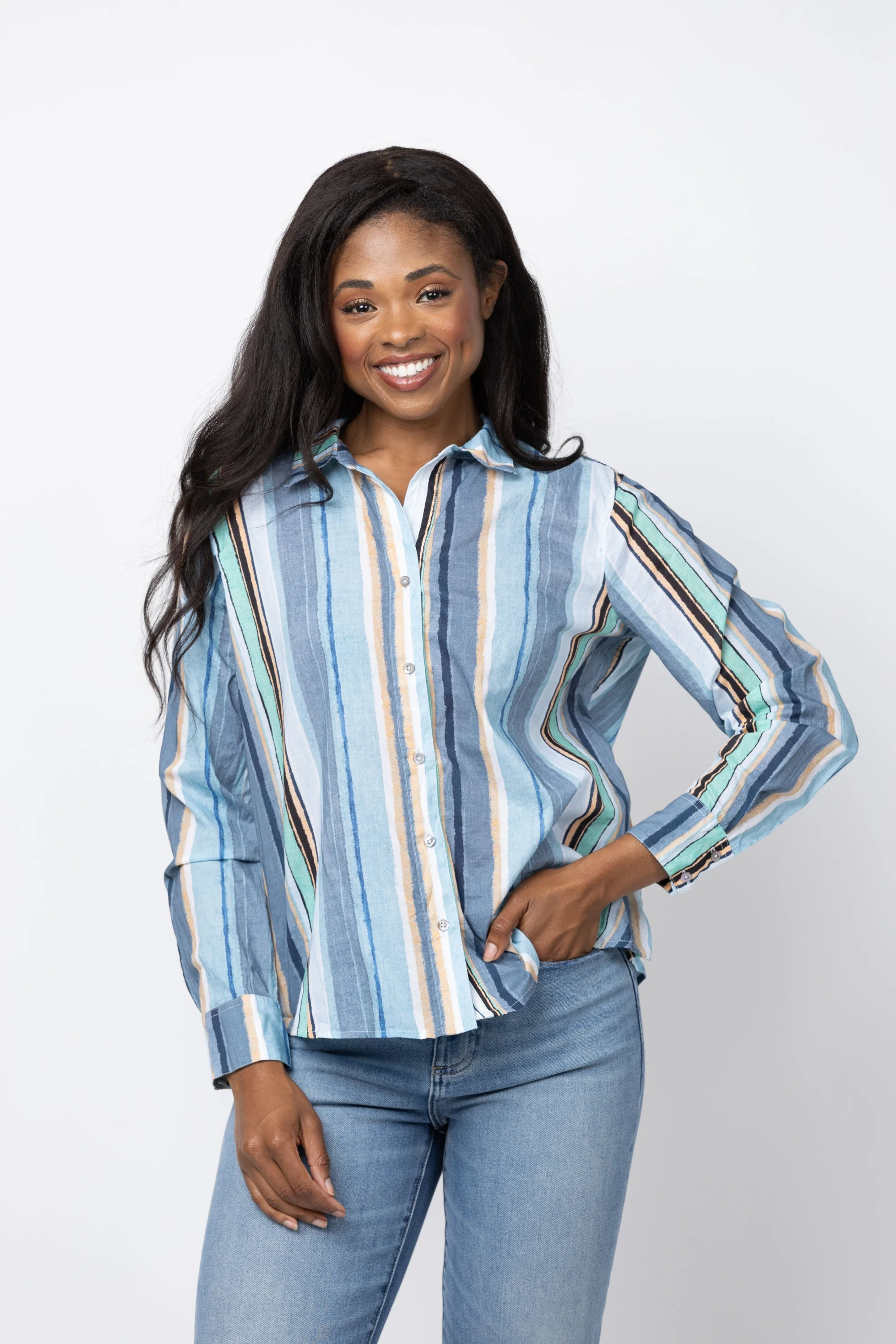 User-Friendly NIC ZOE Stripe Core Cotton Shirt in Blue Multi Exceptional