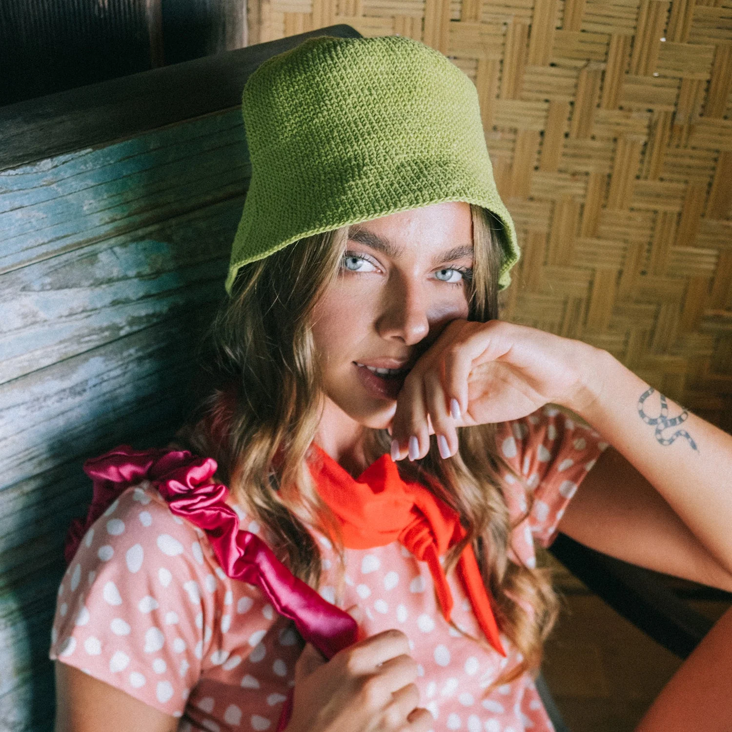 Selected FLORETTE Crochet Bucket Hat In Lime Green Breathable