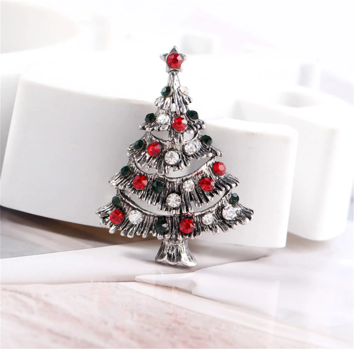 Healthy Red Black Cubic Zirconia Openwork Christmas Tree Brooch Flexible