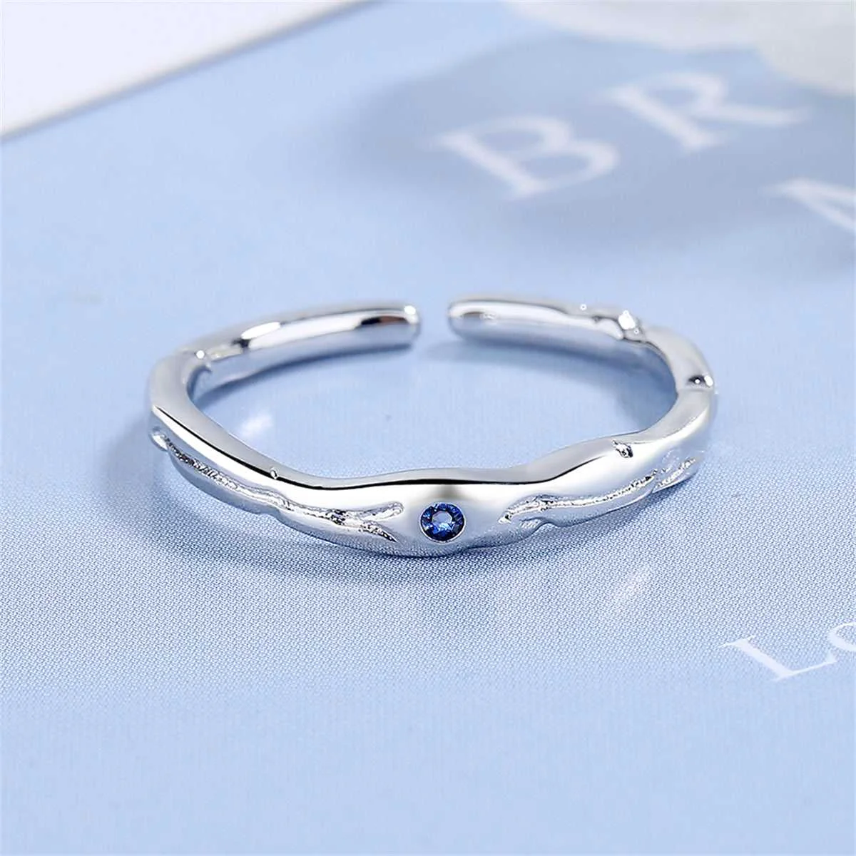 Advanced Blue Cubic Zirconia Silvertone Open Ring High-Quality
