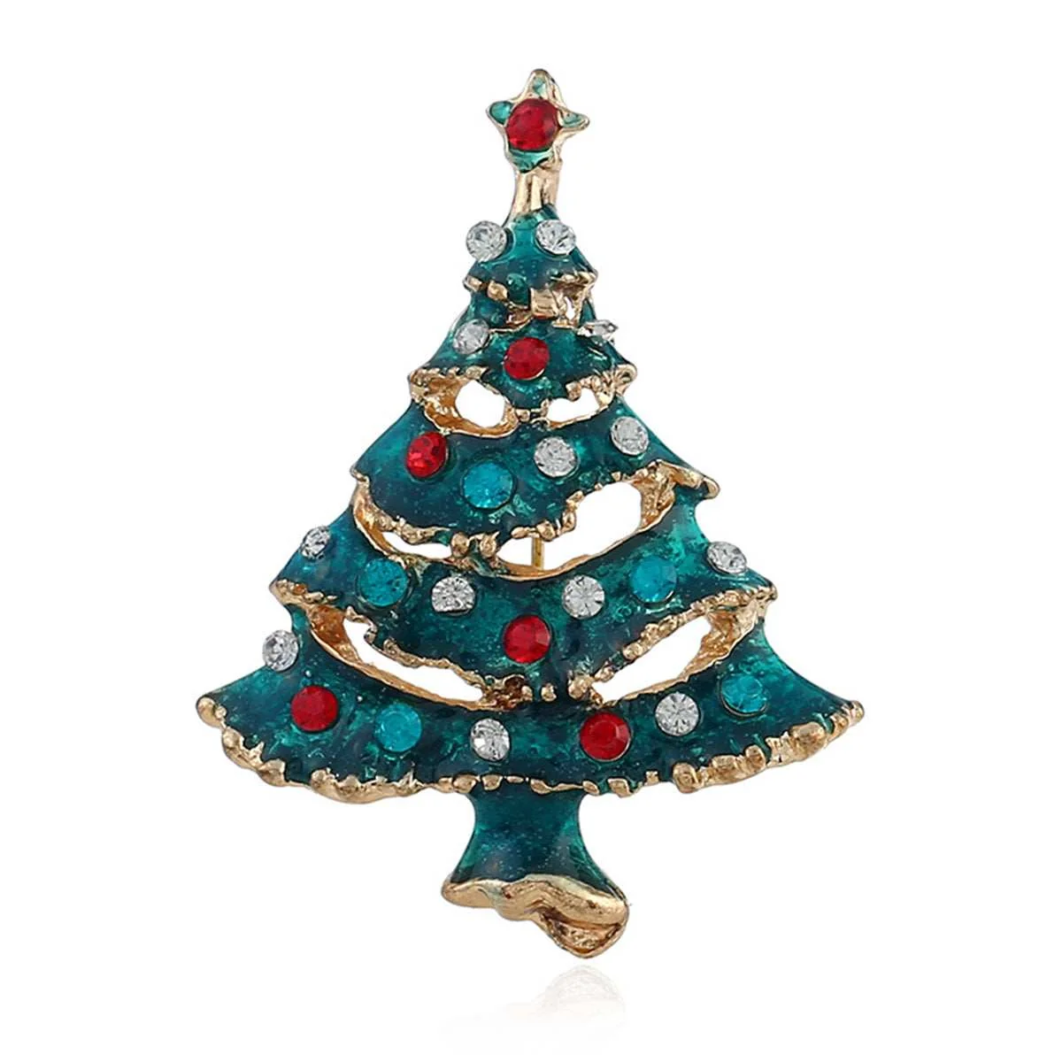 Fashionable Green Cubic Zirconia Enamel Goldtone Christmas Tree Brooch Fast