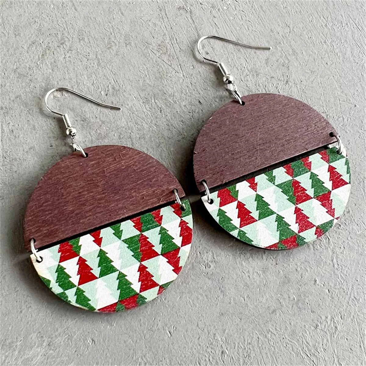 Verified Brown Red Trees Round Wood Drop Earrings High-Grade