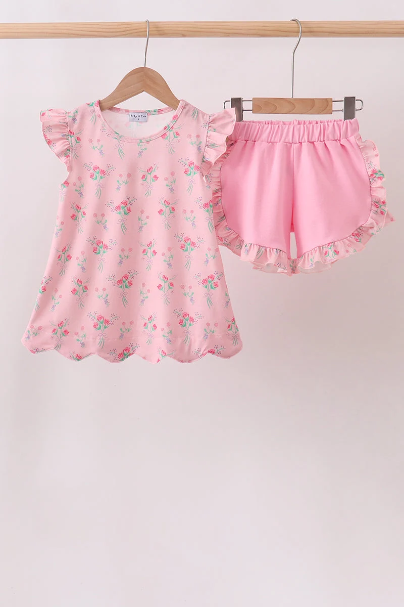 Excellent Pink Floral Ruffle Shorts Set Unique