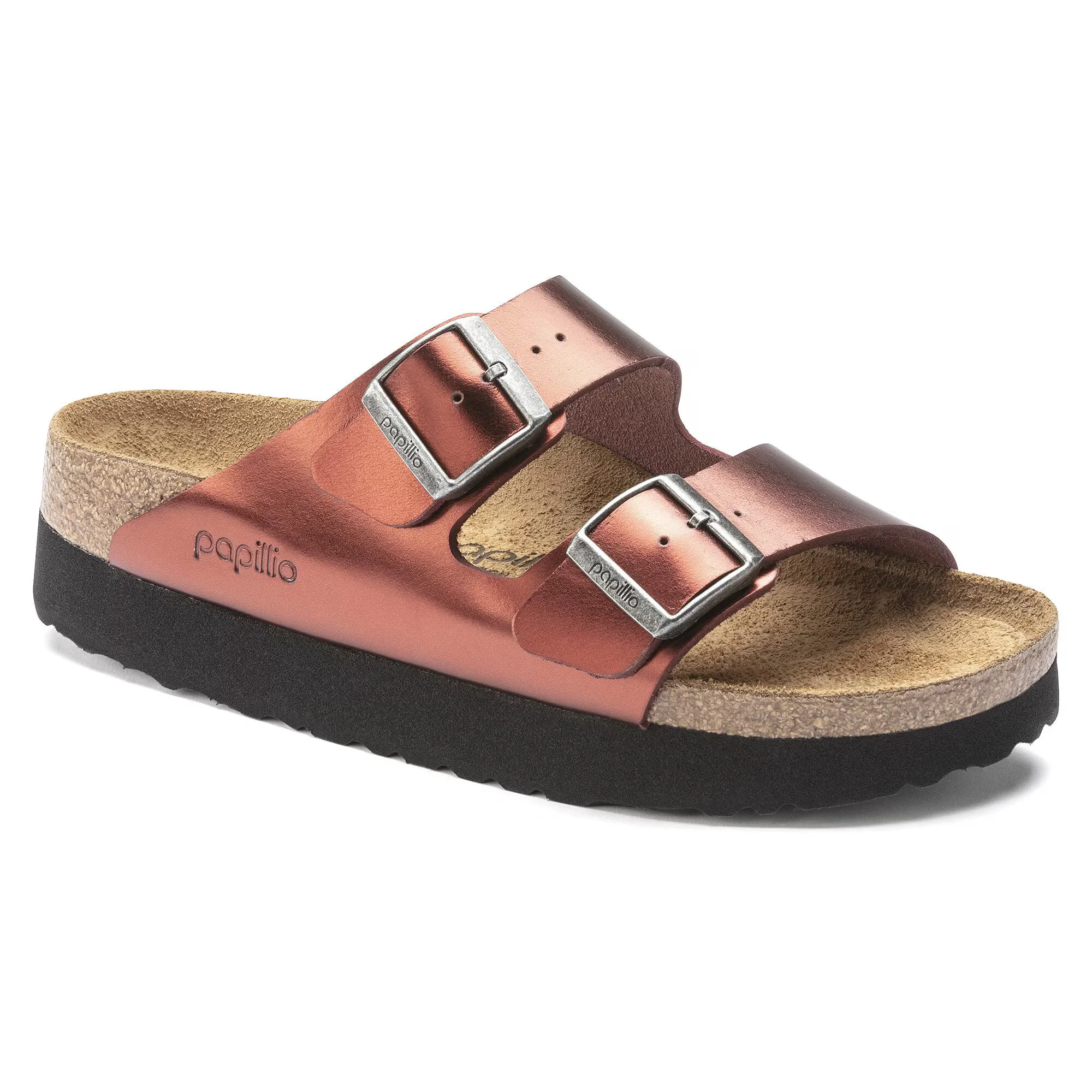 Minimalist Birkenstock Women's Arizona Platform Leather Metallic Dark Tourmaline Sandals Breathable