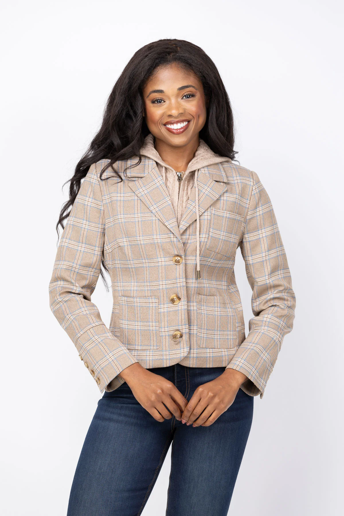 Next-Generation Central Park West Sienna Plaid Dickey Blazer in Brown Sophisticated