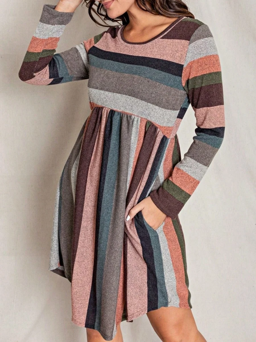 Traditional Boho Retro Vintage Mint Olive Coral Purple Pink Navy Mint Multi Stripe Knit Swing Dress Small -3XL Plus Certified