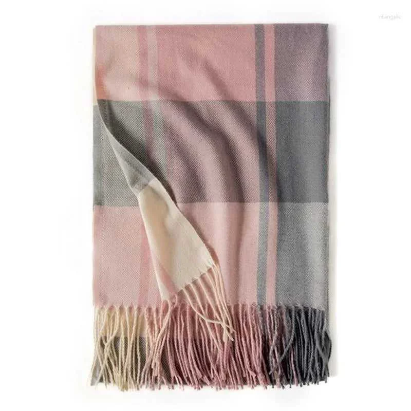 Specialty Cozy Plaid Fringe Trimmed Scarf in Grey Pink World-Class