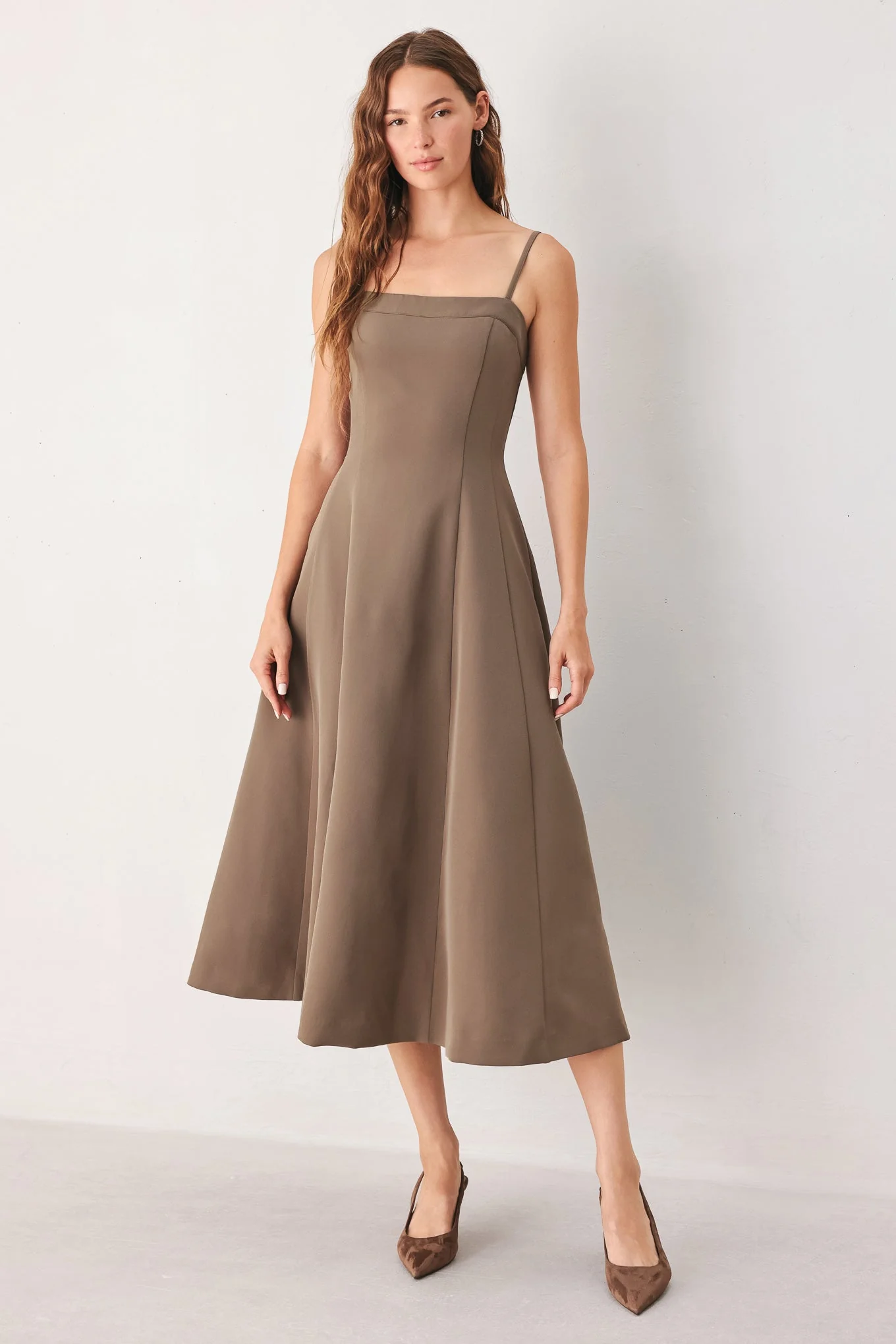Casual Coffee Bean Swing Woven Midi Dress Secure