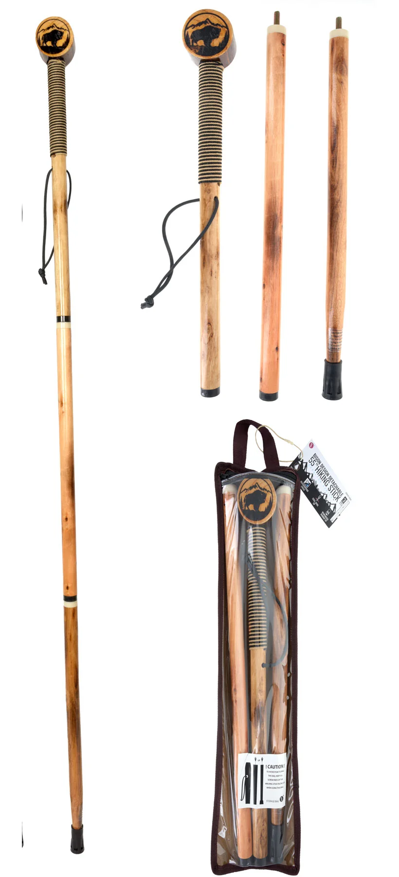 Genuine 55 3Pc Detachable Pine Wood Hiking Stick Bison Design Smart