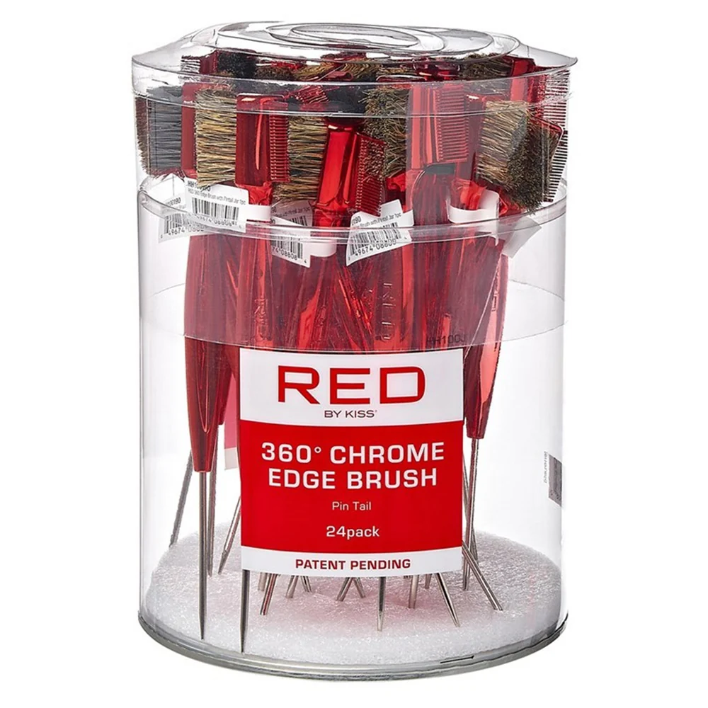 Excellent Kiss Red Chrome Edge Brush 360 Pin Tail Red for Styling Smoothing Edges and Parting Hair 24Ea Fine