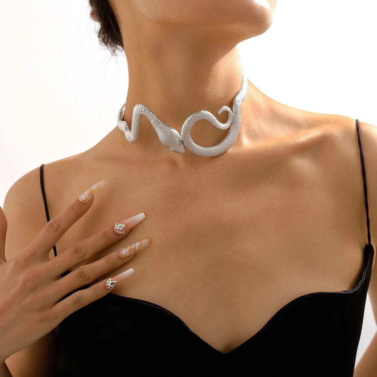 Verified Silvertone Textured Snake Choker High-End
