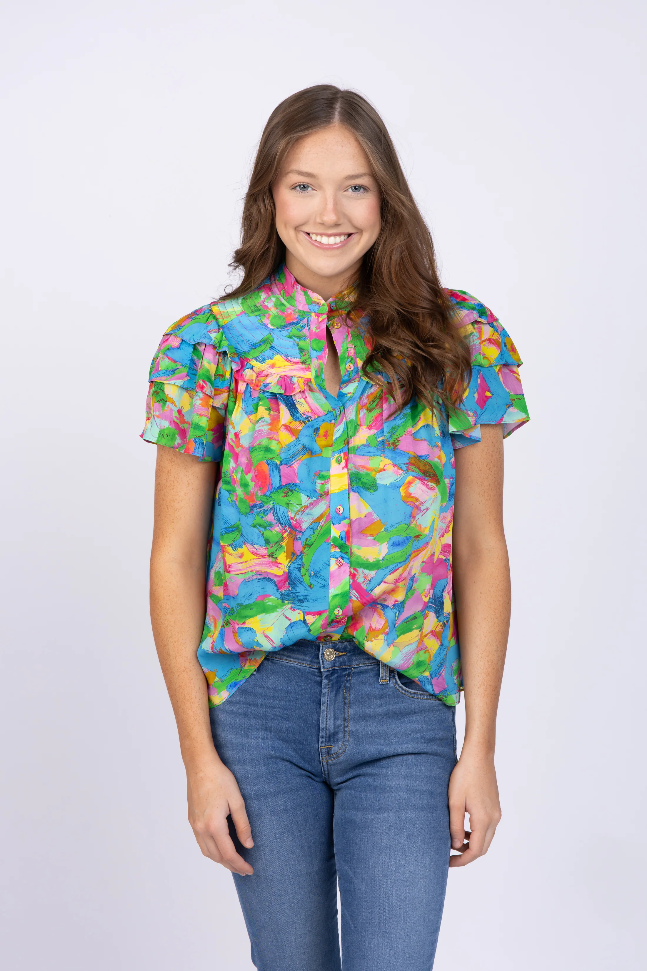 Classic Gilner Farrar Dray Blouse in Brushstroke Floral High-Grade