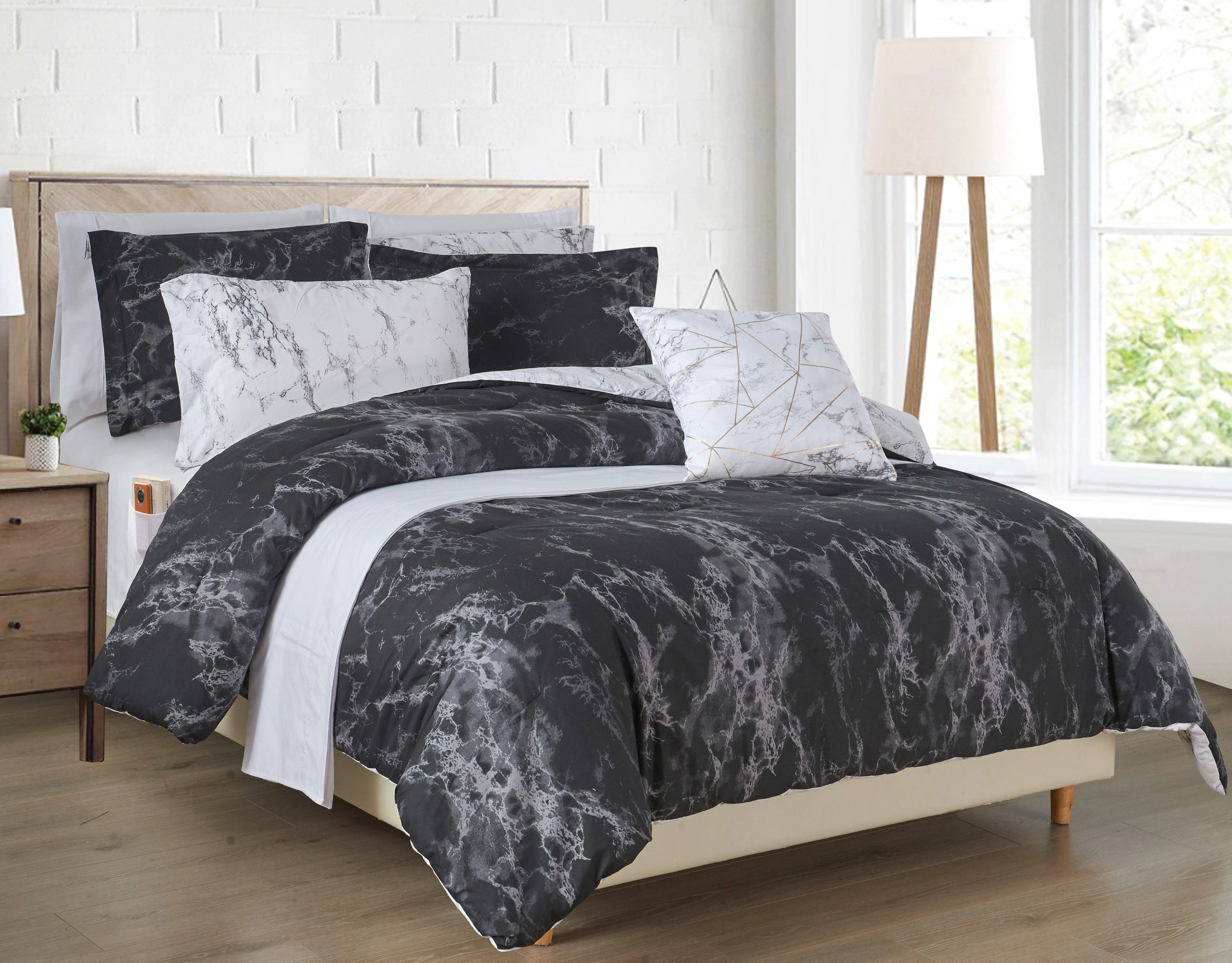 Premium Material Elegant Comfort Reversible 10-Piece Marble Print Comforter Set Includes 6-Piece Sheet Set with Double Sided Storage Pockets Original