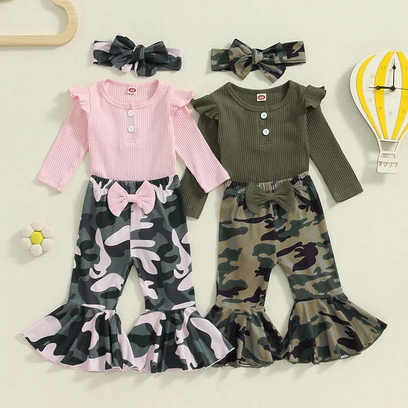 Sophisticated Baby Girls 3Pcs Fall Outfit Long Sleeve Ribbed Solid Color Romper Camouflage Print Flared Long Pants Headband SetSPECIFICATIONS Powerful