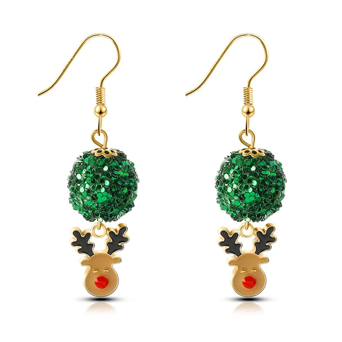 Advanced Green Enamel Acrylic Goldtone Ball Reindeer Drop Earrings Contemporary