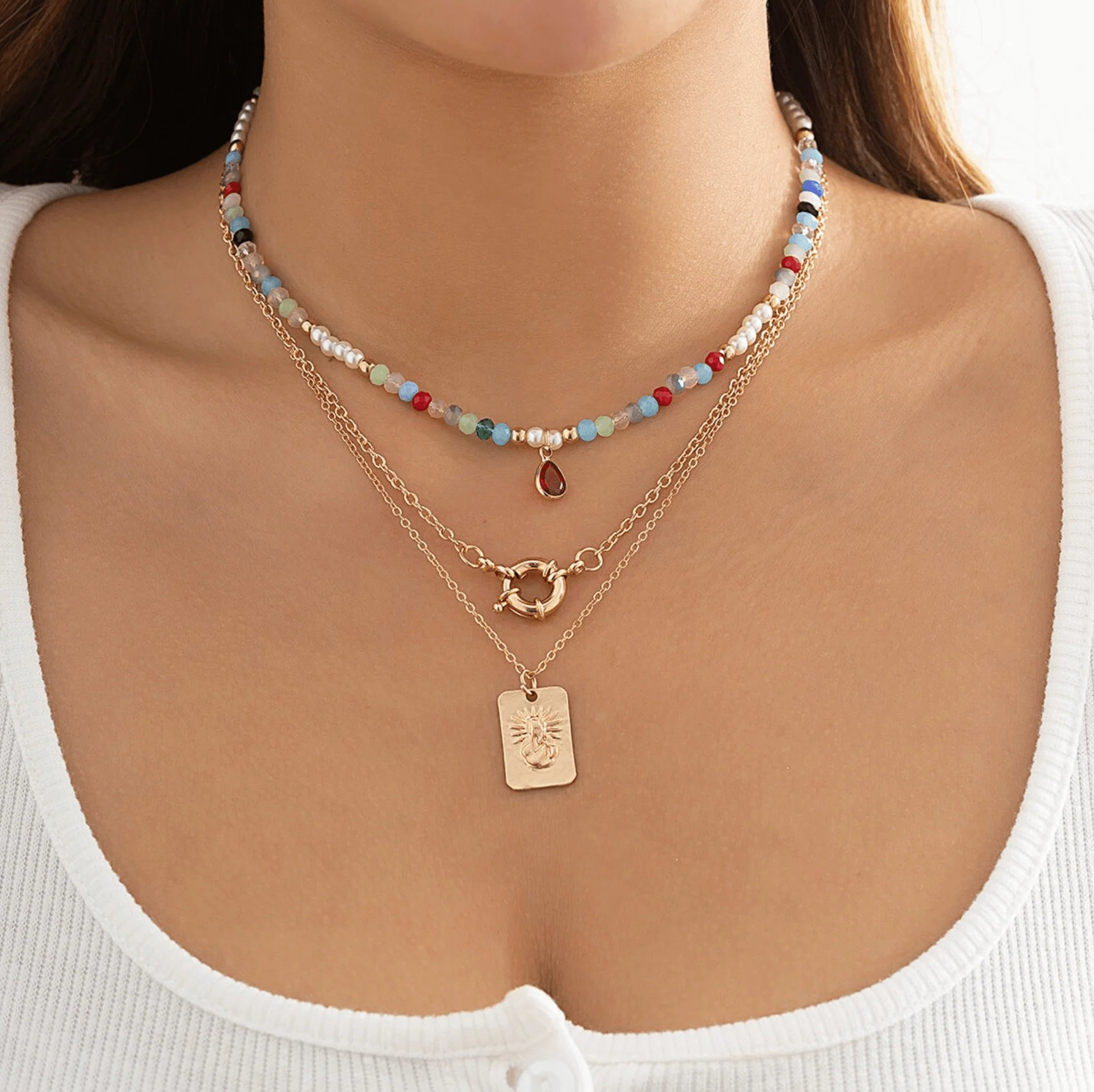 Versatile Multicolour Beaded Sun Pendant Layered Necklace Healthy