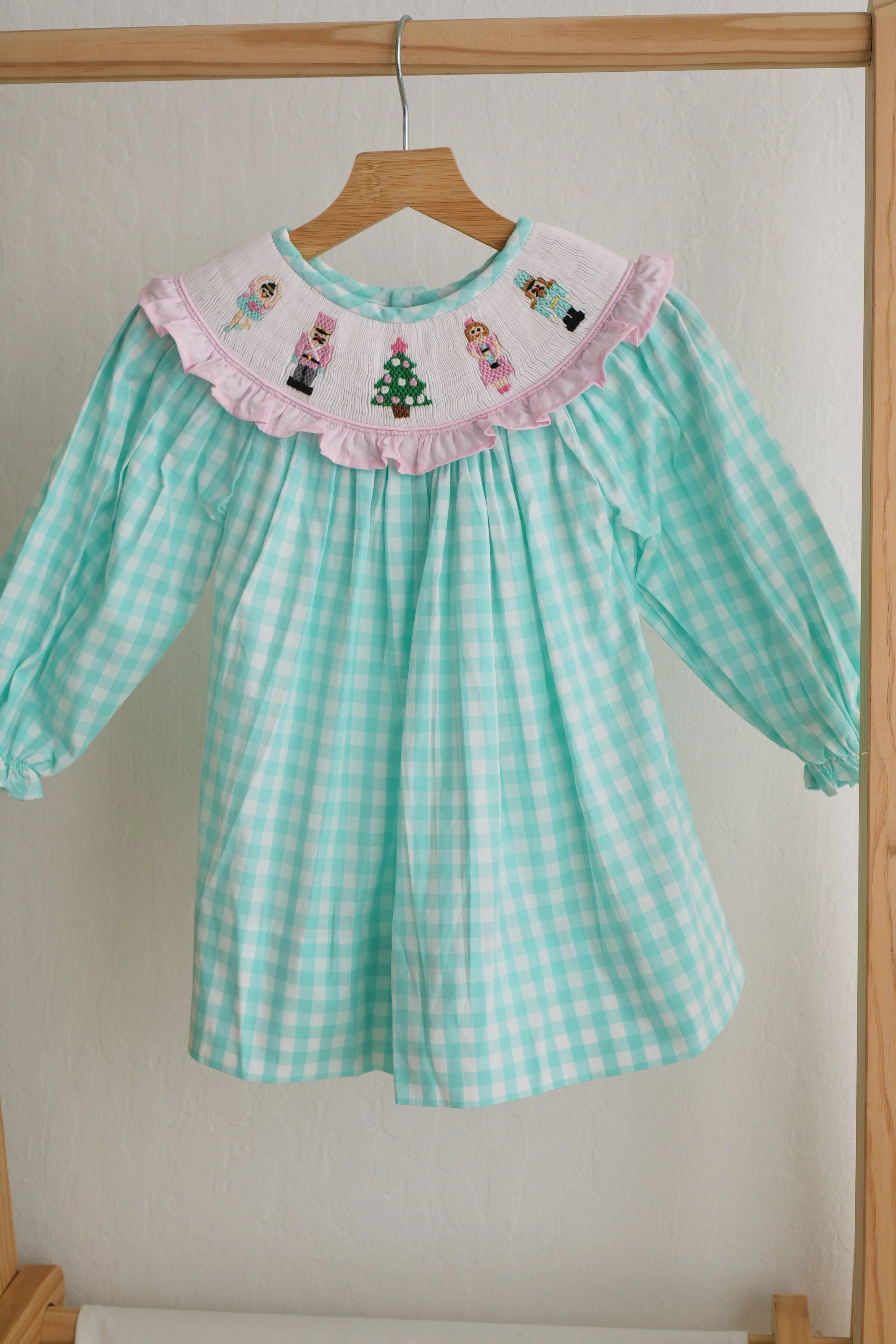 Expertly Made Mint christmas nutcracker hand smocked gingham dress Recyclable